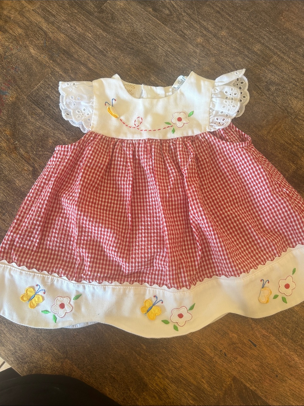 Red Gingham Embroidered Flutter-Sleeve Sundress for Girls